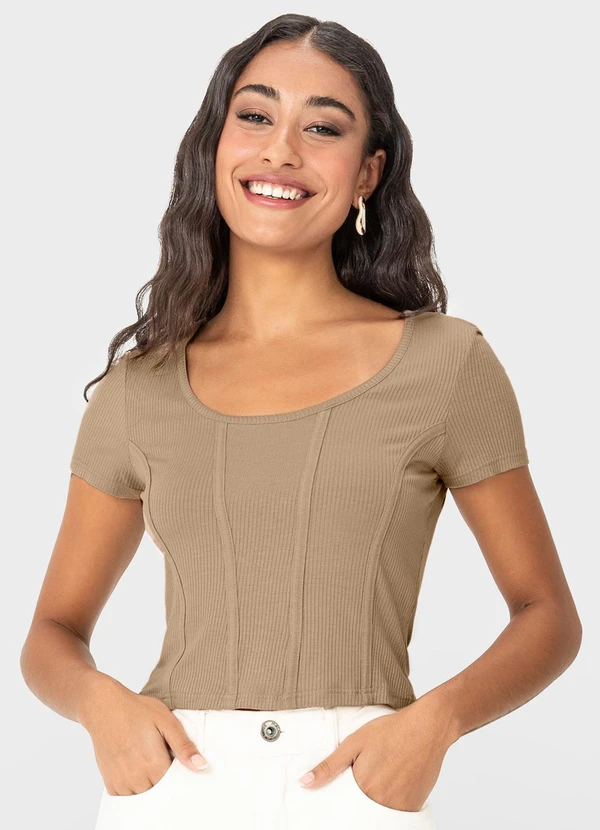 Blusa Nude Cropped Canelada Recortes Bege Malwee