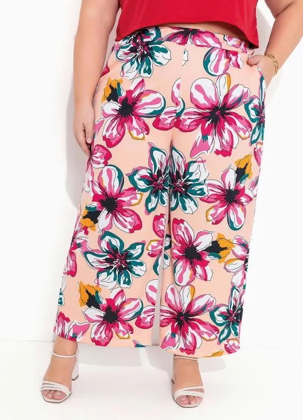Calça Floral Nude Cropped Bolsos Plus Size Queima de Estoque