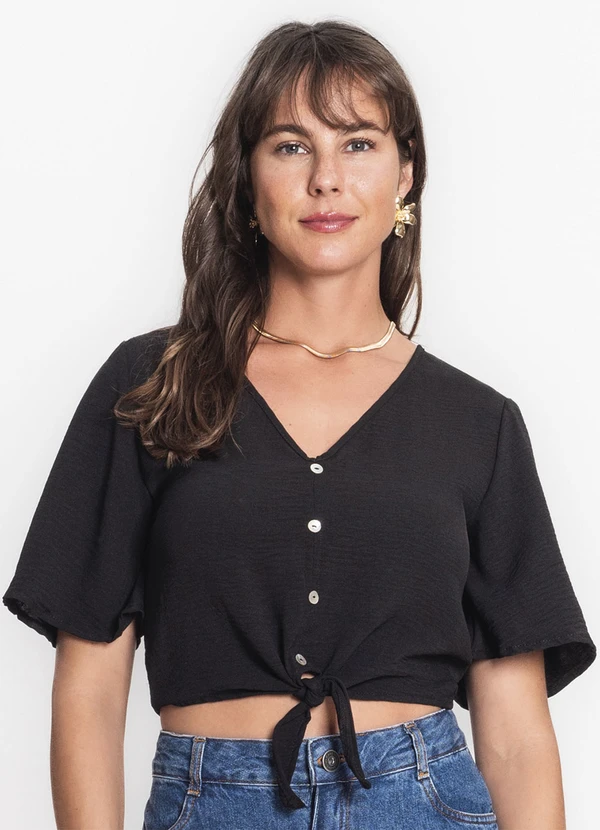 Rovitex - Camisa Feminina com Botões e Laço Preto