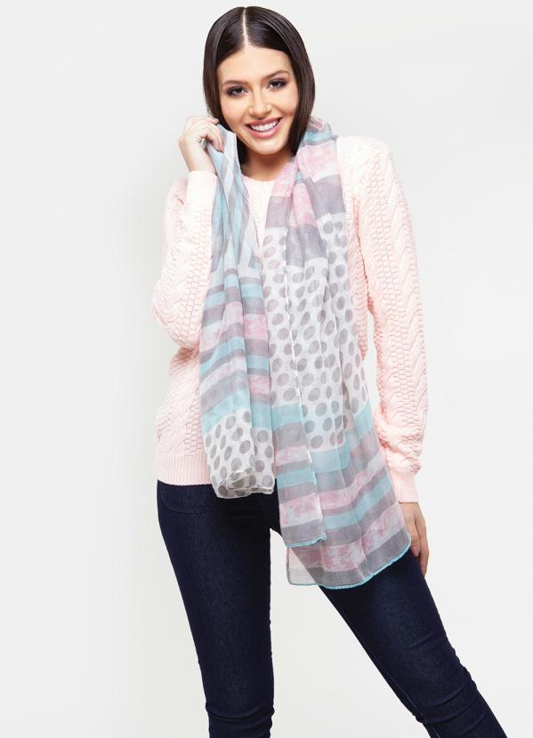 Quintess - Cachecol Azul e Rosa Estampa Geométrica