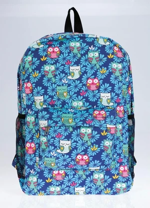 Perfecta - Mochila com Estampa de Corujas e Flores Azul - PERFECTA