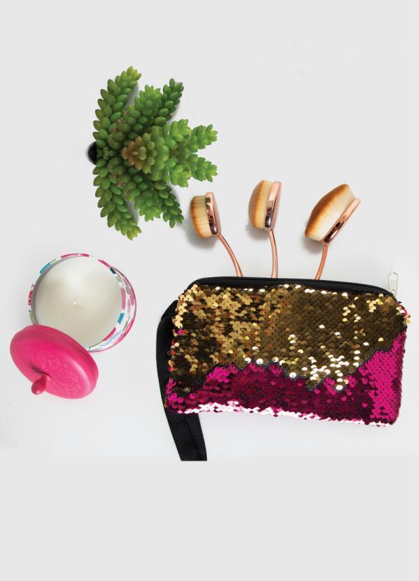Quintess - Necessaire em Paetês Pink e Dourada com Zíper