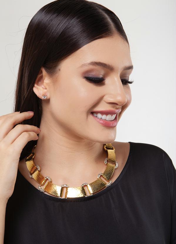 Quintess - Conjunto de Metal Texturizado com Strass Dourado 2