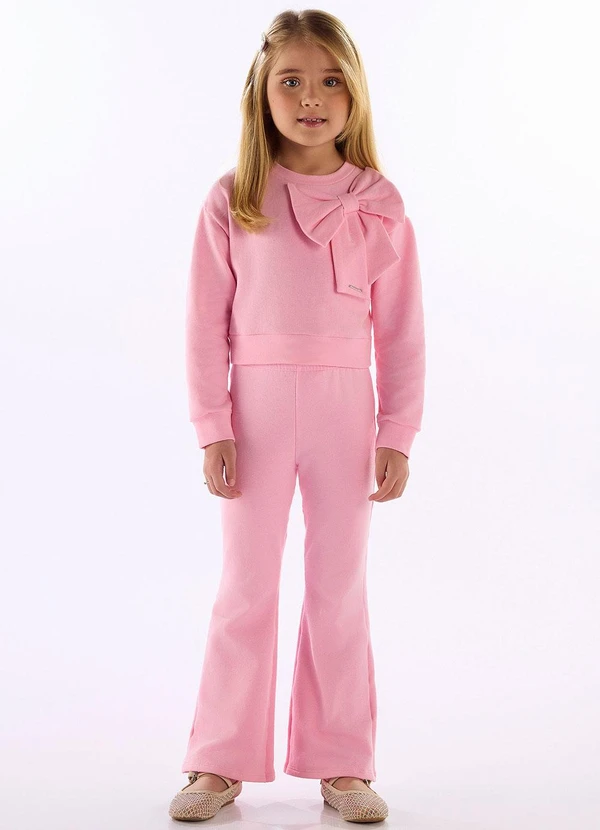 Quimby - Conjunto Blusão Laço e Calça Flare Rosa