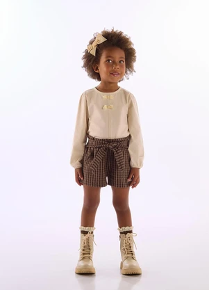 Up Baby - Conjunto Menina Blusa Laço Short Marrom - UP BABY