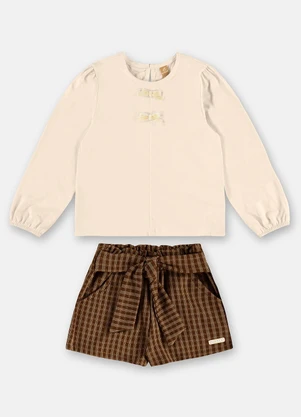 Up Baby - Conjunto Menina Blusa Laço Short Marrom - UP BABY