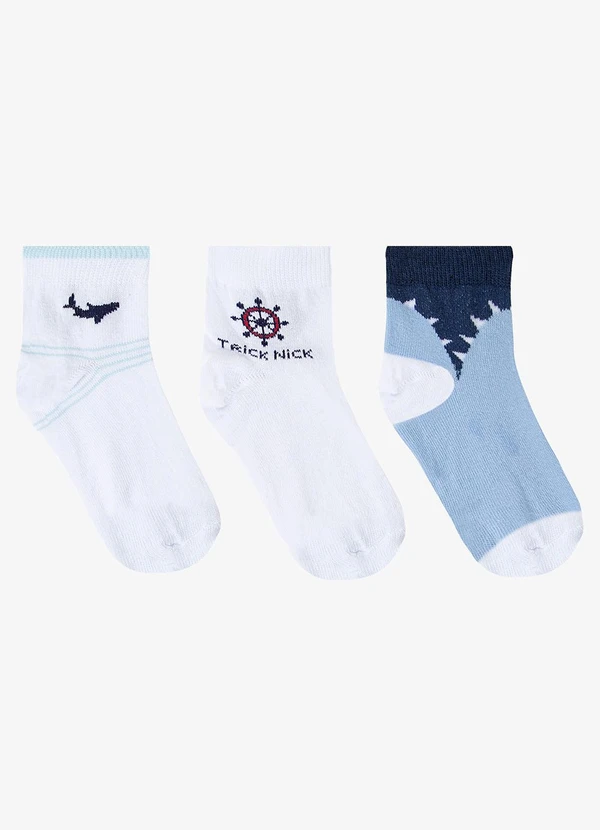 Trick Nick - Kit 3 pares de Meia Cano Curto Infantil Branco
