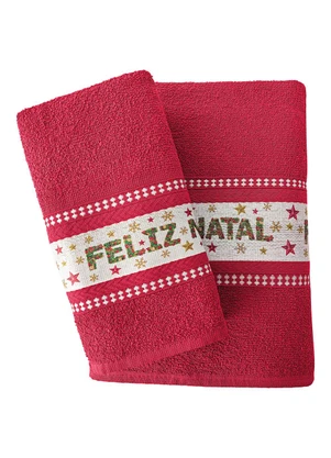 Lar e Lazer - Jogo de Toalhas Feliz Natal Vermelha 2 Peças - LAR E LAZER