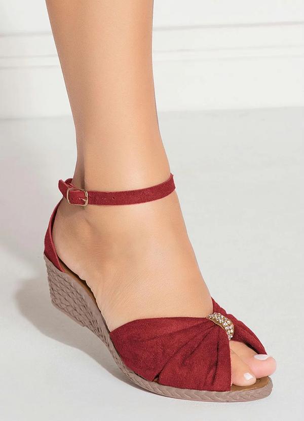 Outlet - Sandália Anabela Vermelha com Detalhe de Strass 4