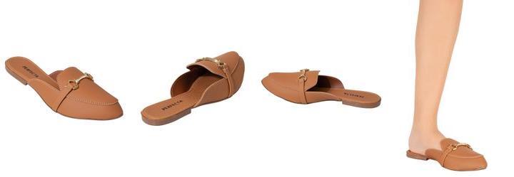 Mule Caramelo em Sinttico com Detalhe Dourado