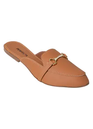 Perfecta - Mule Caramelo em Sintético com Detalhe Dourado - PERFECTA