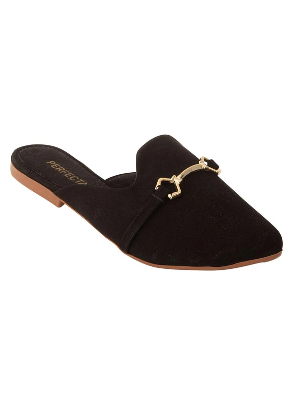 Perfecta - Mule Preto com Adereço Dourado no Cabedal