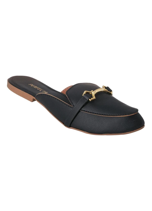 Perfecta - Mule Preto com Detalhe Dourado em Seu Cabedal