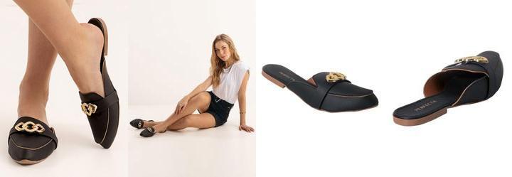 Mule Preto com Detalhe Dourado no Cabedal