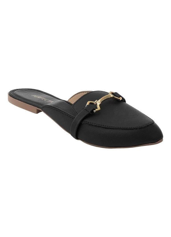 Perfecta - Mule Preto em Sintético com Detalhe Dourado