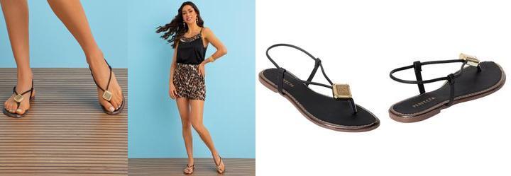 Rasteira Preta com Adereo Dourado