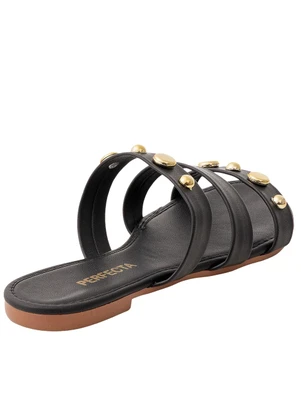 Perfecta - Rasteira Preta com Adereço Dourado - PERFECTA