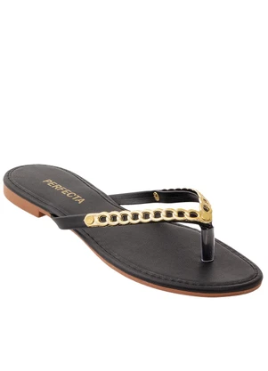 Perfecta - Rasteirinha Preta com Detalhe Dourado - PERFECTA