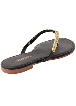 Perfecta - Rasteirinha Preta com Detalhe Dourado - PERFECTA