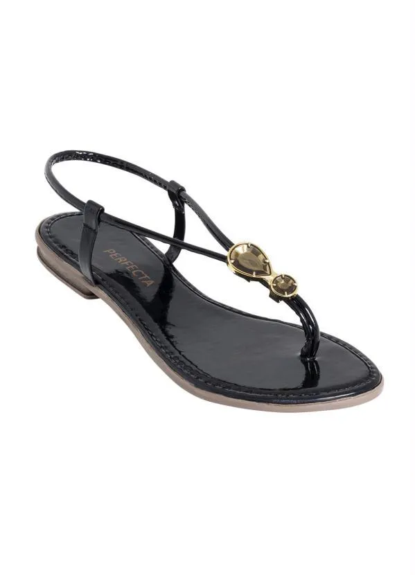 Perfecta - Rasteirinha Preta em Verniz com Tiras Ajustáveis