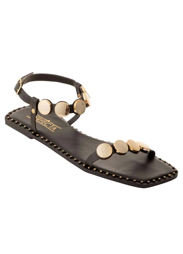 Perfecta Sandália Rasteira Preta com Detalhe Dourado