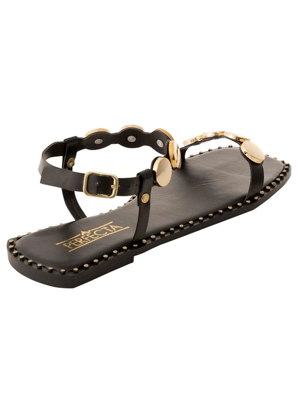 Perfecta - Sandália Rasteira Preta com Detalhe Dourado 2