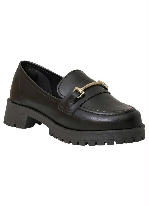 Perfecta - Mocassim Feminino Preto com Adereço Dourado