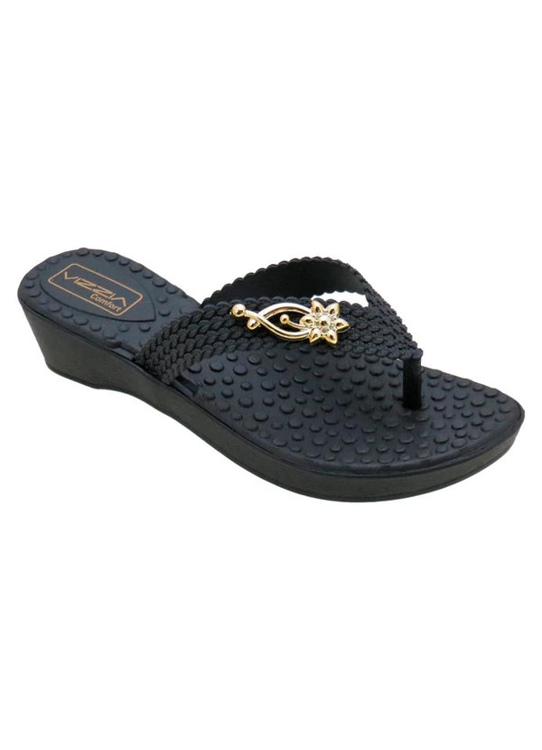 Perfecta - Tamanco Preto com Adereço Dourado