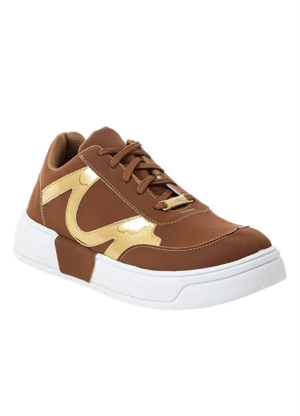 Perfecta - Tênis Casual Caramelo com Adereço Dourado