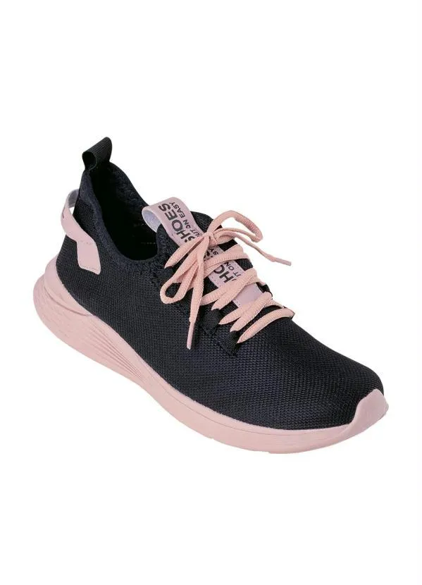 Perfecta - Tênis Esporte Preto e Rosê em Tecido Mesh