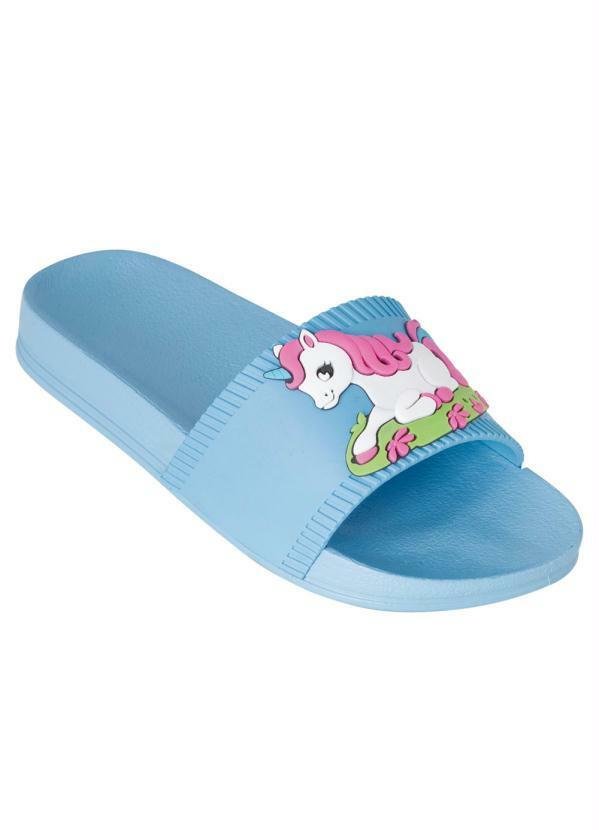 Perfecta - Chinelo Slide Infantil Azul com Art de Unicórnio