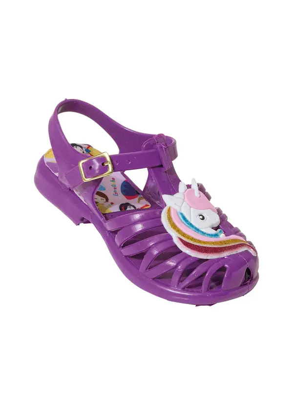 Perfecta - Sandália Infantil Roxa com Detalhe de Unicórnio
