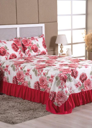 Lar e Lazer - Jogo Cobre Leito Casal Floral Vermelho 3 Peças - LAR E LAZER