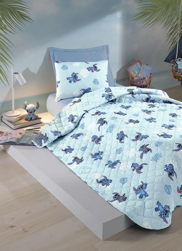 Hedrons - Colcha Solteiro Disney Stitch Folhas Colorido