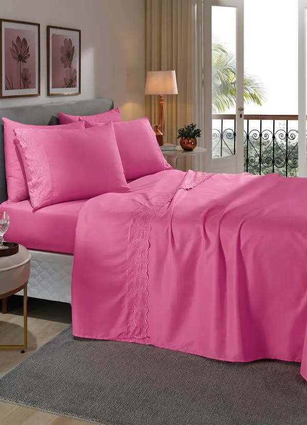 Mundo Lar - Jogo de Cama 200 Fios Pink King 4 Peças