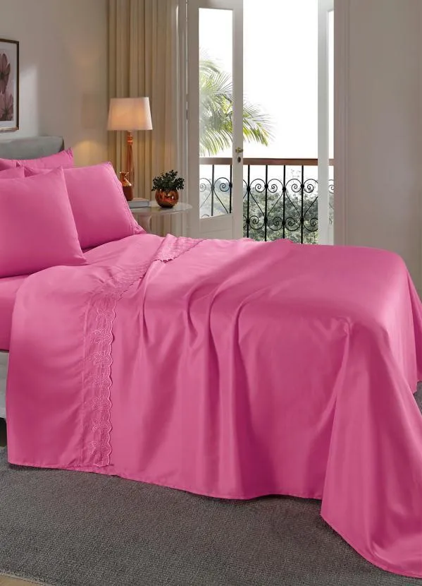 Mundo Lar - Jogo de Cama 200 Fios Pink King 4 Peças 7