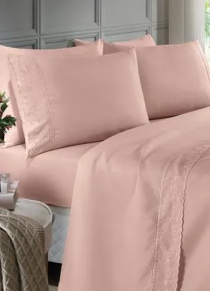 Mundo Lar - Jogo de Cama 200 Fios Rosa Claro King 4 Peças - MUNDO LAR