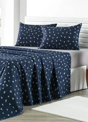 Mundo Lar - Jogo de Cama 150 Fios Azul e ListraQueen4peças - MUNDO LAR