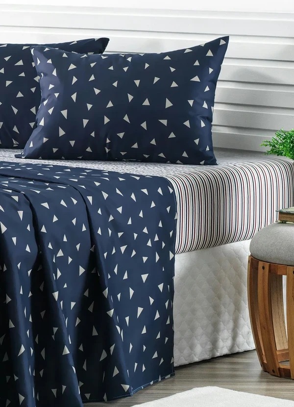 Mundo Lar - Jogo de Cama 150 Fios Azul e ListraQueen4peças 3