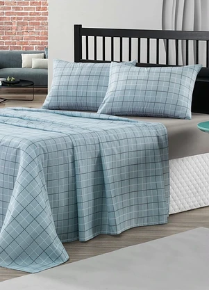 Mundo Lar - Jogo de Cama 150 Fios Grid Azul Queen 4 Peças - MUNDO LAR