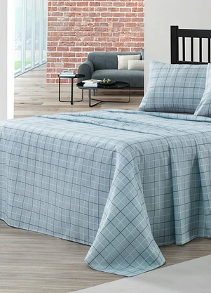 Mundo Lar - Jogo de Cama 150 Fios Grid Azul Queen 4 Peças - MUNDO LAR