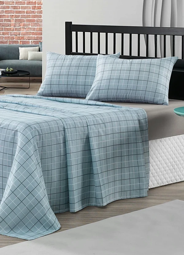 Mundo Lar - Jogo de Cama 150 Fios Grid Azul Queen 4 Peças