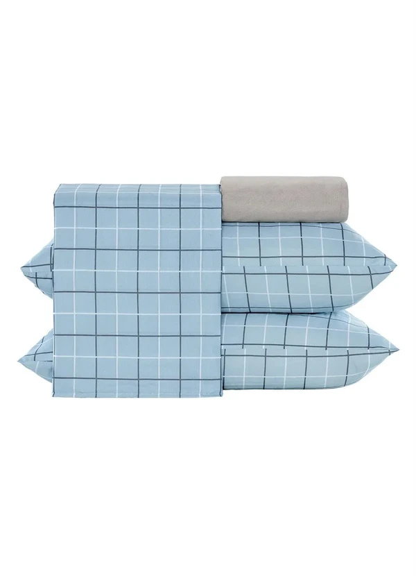 Mundo Lar - Jogo de Cama 150 Fios Grid Azul Queen 4 Peças 5