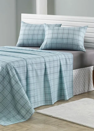 Mundo Lar - Jogo de Cama 150 Fios Grid Azul Queen 4 Peças - MUNDO LAR