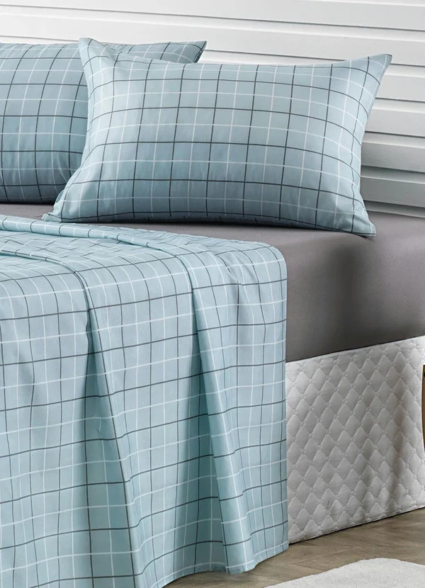 Mundo Lar - Jogo de Cama 150 Fios Grid Azul Queen 4 Peças 3