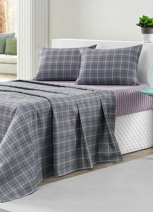 Mundo Lar - Jogo de Cama 150 Fios Grid King 4 Peças