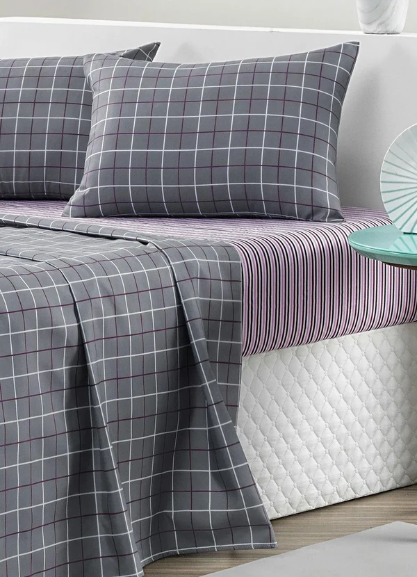 Mundo Lar - Jogo de Cama 150 Fios Grid King 4 Peças 3