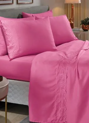 Mundo Lar - Jogo de Cama 200 Fios Pink Queen 4 Peças - MUNDO LAR