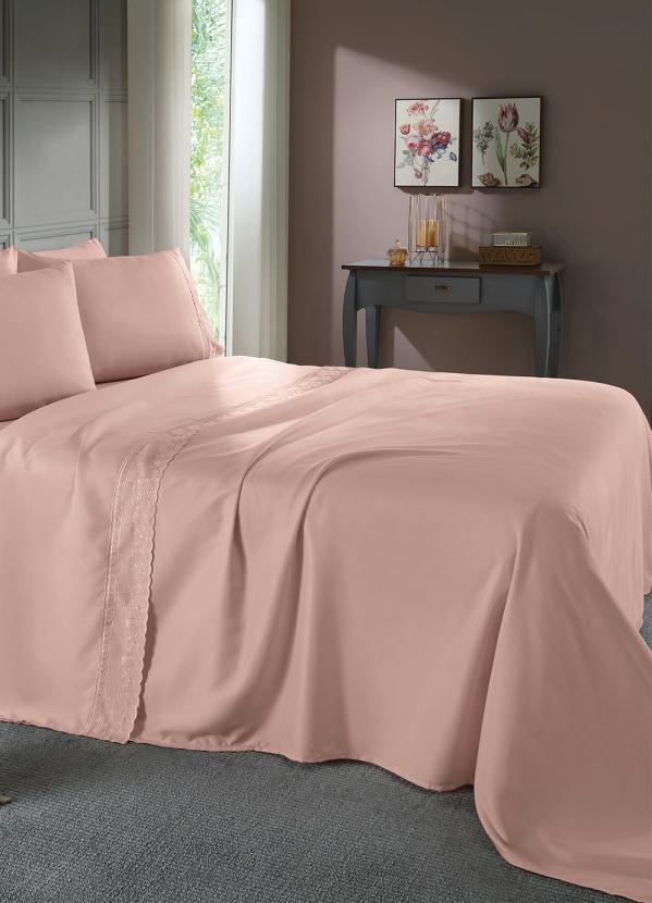 Mundo Lar - Jogo de Cama 200 Fios Rosa Claro Queen 4 Peças 7