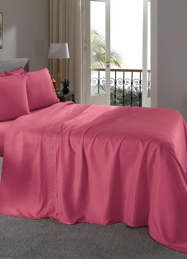Mundo Lar - Jogo de Cama 200 Fios Rosa Queen 4 Peças 7